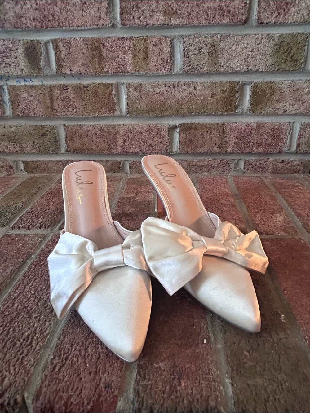 Lulu’s Satin Bow Pointed Mules in Light Cream